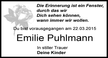 Traueranzeige von Emilie Puhlmann von Mitteldeutsche Zeitung Dessau-Roßlau