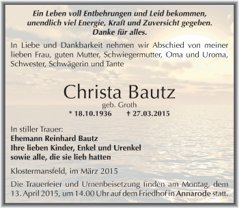 Traueranzeige von Christa Bautz von Mitteldeutsche Zeitung Mansfelder Land