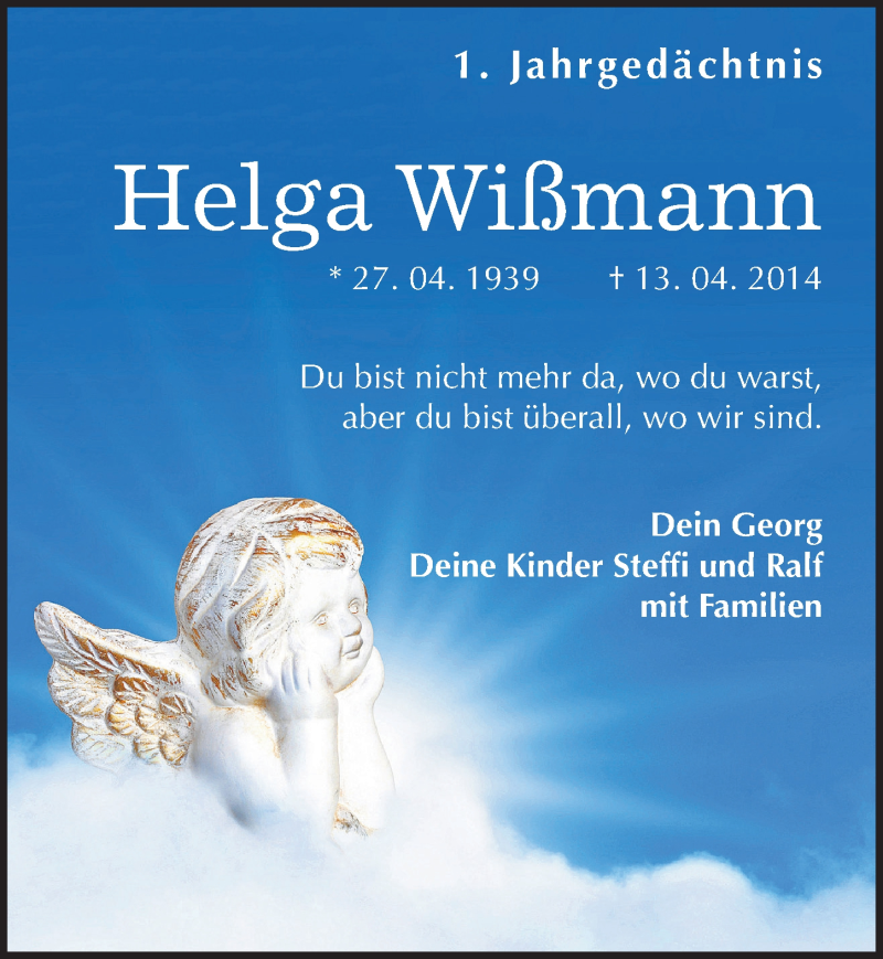  Traueranzeige für Helga Wißmann vom 13.04.2015 aus Mitteldeutsche Zeitung Halle/Saalkreis