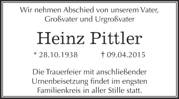 Traueranzeige von Heinz Pittler von WVG - Wochenspiegel Bitterfeld