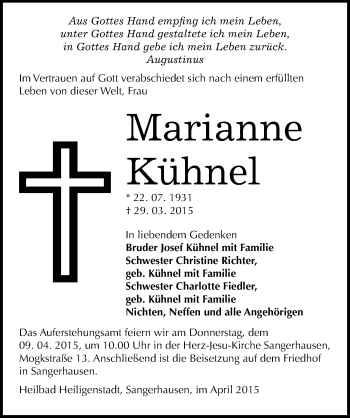 Traueranzeige von Marianne Kühnel von Mitteldeutsche Zeitung Sangerhausen