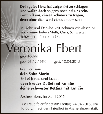 Traueranzeige von Veronika Ebert von Super Sonntag Aschersleben