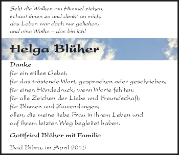 Traueranzeige von Helga Blüher von Mitteldeutsche Zeitung Naumburg/Nebra
