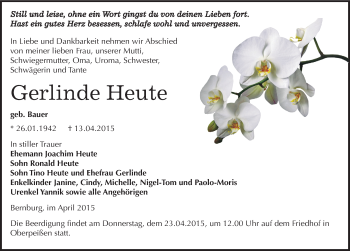 Traueranzeige von Gerlinde Heute von Mitteldeutsche Zeitung Bernburg
