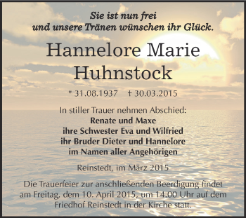 Traueranzeige von Hannelore Marie Huhnstock von Super Sonntag Aschersleben