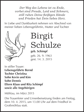 Traueranzeige von Birgit Schulze von WVG - Wochenspiegel Wittenberg