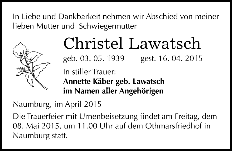  Traueranzeige für Christel Lawatsch vom 28.04.2015 aus Mitteldeutsche Zeitung Naumburg/Nebra