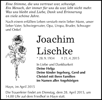 Traueranzeige von Joachim Lischke von Mitteldeutsche Zeitung Sangerhausen