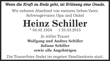 Traueranzeige von Heinz Schiller von WVG - Wochenspiegel Dessau / Köthen