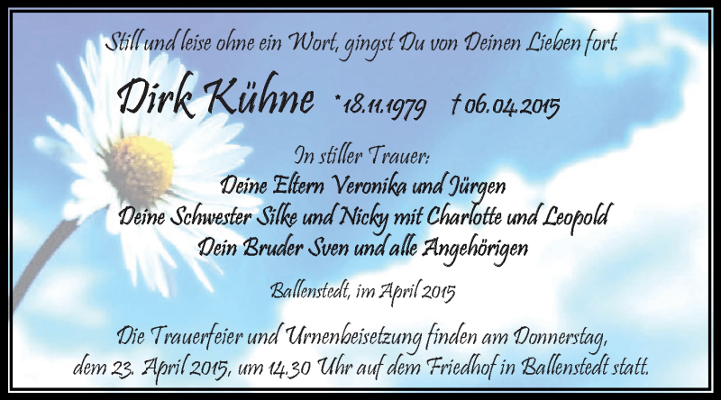  Traueranzeige für Dirk Kühne vom 19.04.2015 aus Super Sonntag Aschersleben