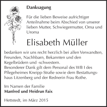 Traueranzeige von Elisabeth Müller von Wochenspiegel Mansfelder Land