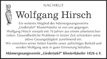 Traueranzeige von Wolfgang Hirsch von WVG - Wochenspiegel NMB / WSF / ZTZ