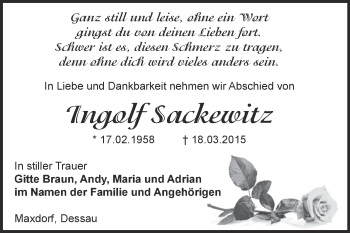 Traueranzeige von Ingolf Sackewitz von WVG - Wochenspiegel Dessau / Köthen