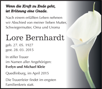 Traueranzeige von Lore Bernhardt von Mitteldeutsche Zeitung Quedlinburg