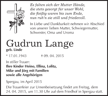 Traueranzeige von Gudrun Lange von WVG - Wochenspiegel Merseburg