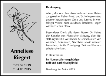 Traueranzeige von Anneliese Riegert von Mitteldeutsche Zeitung Bernburg