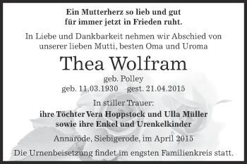 Traueranzeige von Thea Wolfram von Super Sonntag SGH Mansf. Land