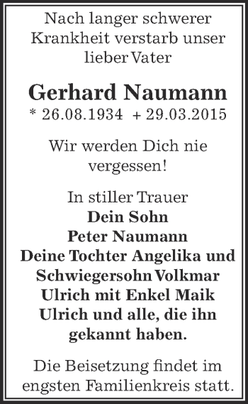 Traueranzeige von Gerhard Naumann von WVG - Wochenspiegel Dessau / Köthen