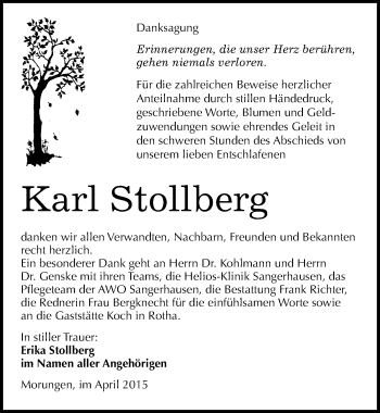 Traueranzeige von Karl Stollberg von Mitteldeutsche Zeitung Sangerhausen