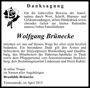 Traueranzeige von Wolfgang Brünecke von Mitteldeutsche Zeitung Quedlinburg