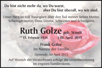 Traueranzeige von Ruth Golze von WVG - Wochenspiegel Quedlinburg