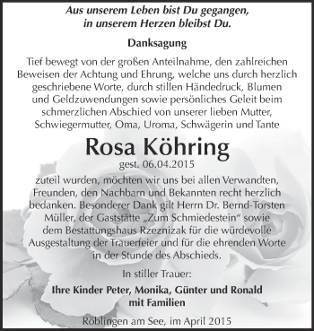 Traueranzeige von Rosa Köhring von Wochenspiegel Mansfelder Land
