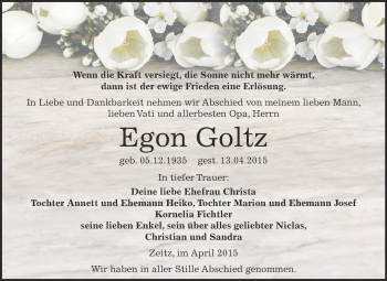 Traueranzeige von Egon Goltz von Super Sonntag Zeitz