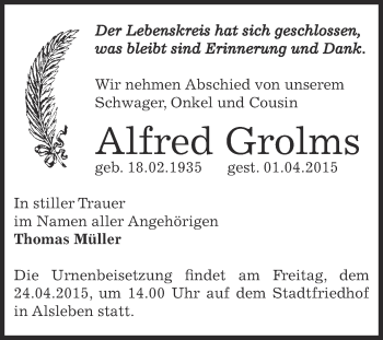 Traueranzeige von Alfred Grolms von Super Sonntag Bernburg