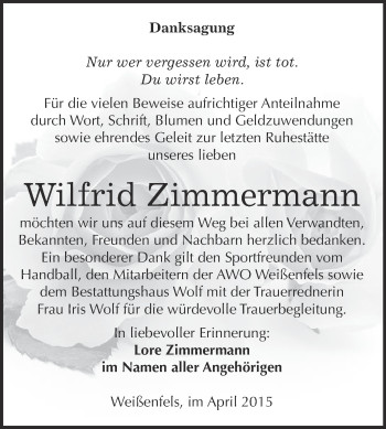 Traueranzeige von Wilfrid Zimmermann von WVG - Wochenspiegel NMB / WSF / ZTZ