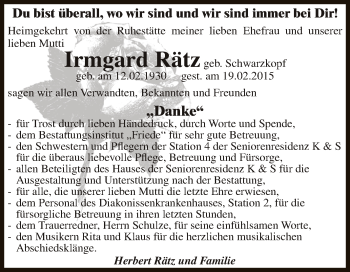 Traueranzeige von Irmgard Rätz von WVG - Wochenspiegel Dessau / Köthen