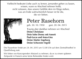 Traueranzeige von Peter Rasehorn von Mitteldeutsche Zeitung Quedlinburg