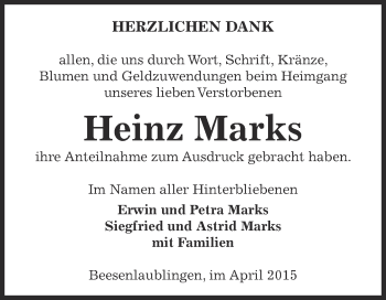 Traueranzeige von Heinz Marks von Super Sonntag Bernburg