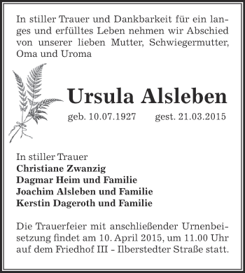 Traueranzeige von Ursula Alsleben von Super Sonntag Bernburg