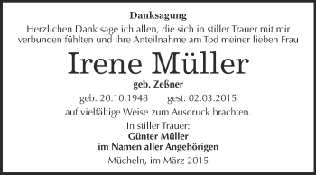 Traueranzeige von Irene Müller von WVG - Wochenspiegel Merseburg