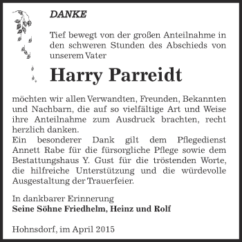 Traueranzeige von Harry Parreidt von WVG - Wochenspiegel Dessau / Köthen