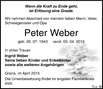 Traueranzeige von Peter Weber von Mitteldeutsche Zeitung Zeitz