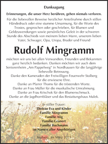 Traueranzeige von Rudolf Mingramm von WVG - Wochenspiegel Quedlinburg