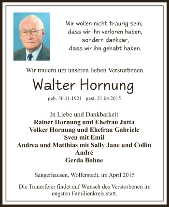 Traueranzeige von Walter Hornung von WVG - Wochenspiegel SGH