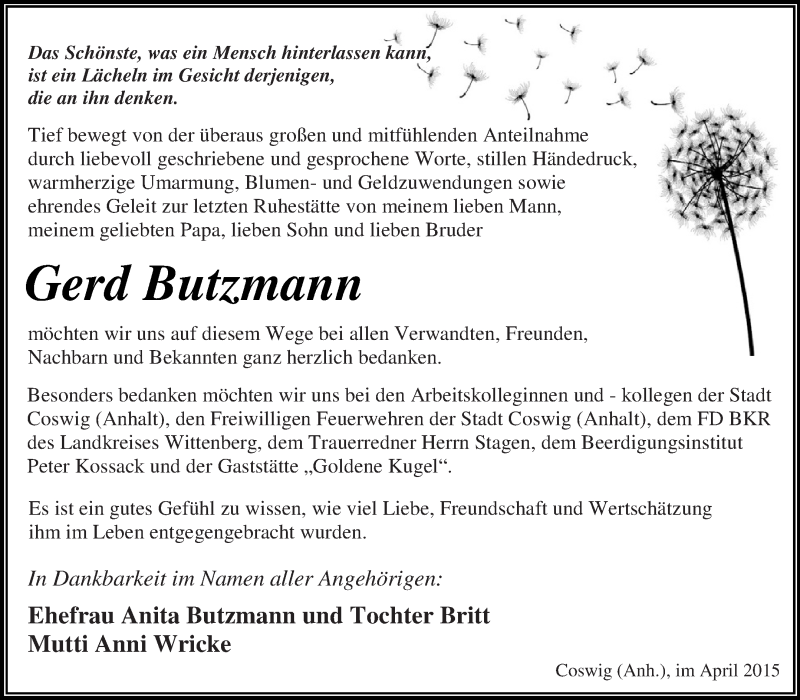  Traueranzeige für Gerd Butzmann vom 12.04.2015 aus WVG - Wochenspiegel Dessau / Köthen