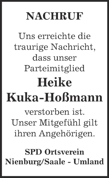Traueranzeige von Heike Kuka-Hoßmann von Super Sonntag Bernburg