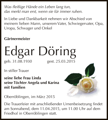 Traueranzeige von Edgar Döring von Super Sonntag SGH Mansf. Land