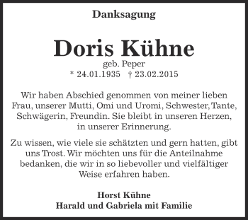 Traueranzeige von Doris Kühne von Super Sonntag Aschersleben