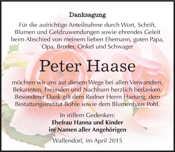 Traueranzeige von Peter Haase von Mitteldeutsche Zeitung Merseburg/Querfurt