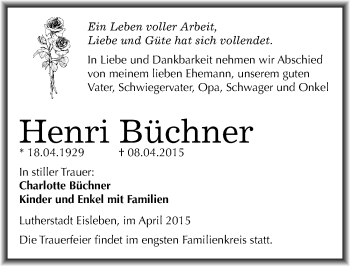 Traueranzeige von Henri Büchner von Mitteldeutsche Zeitung Mansfelder Land