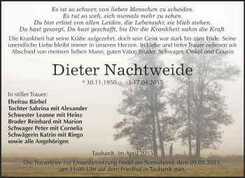 Traueranzeige von Dieter Nachtweide von WVG - Wochenspiegel NMB / WSF / ZTZ