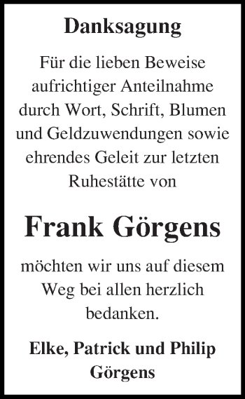 Traueranzeige von Frank Görgens von WVG - Wochenspiegel Bitterfeld
