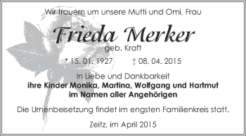 Traueranzeige von Frieda Merker von Super Sonntag Zeitz