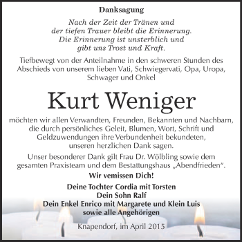 Traueranzeige von Kurt Weniger von WVG - Wochenspiegel Merseburg