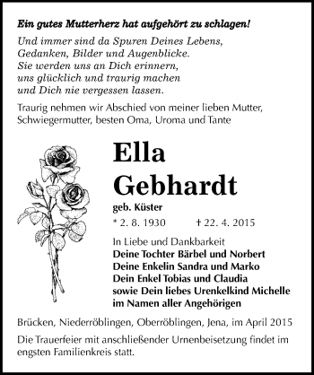 Traueranzeige von Ella Gebhardt von Mitteldeutsche Zeitung Sangerhausen