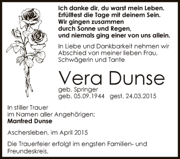 Traueranzeige von Vera Dunse von Super Sonntag Aschersleben